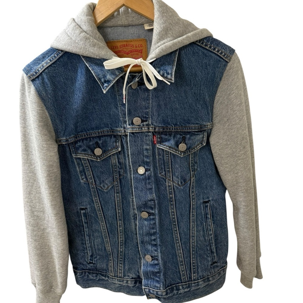 Levi Hybrid Hoodie Denim Trucker Jacket size Small Light Blue Gray Casual Grung